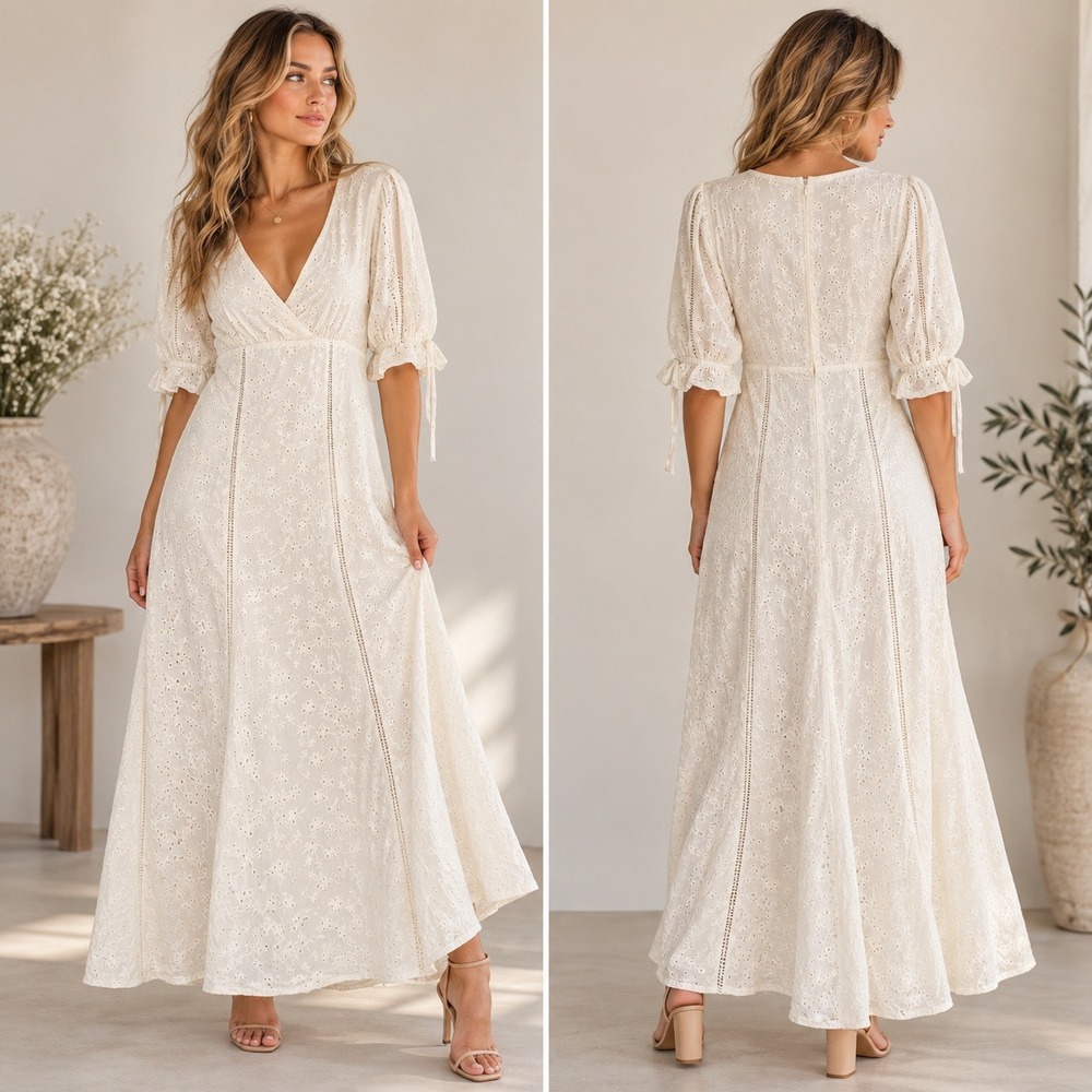 Tularosa White Eyelet Maxi Dress Floral Lace Puff Sleeve V Neck Boho Cottagecore
